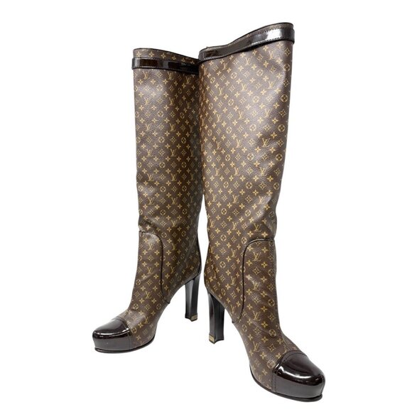 LOUIS VUITTON Vintage LV Monogram Long Boots #37.5 Heels Brown Black [106224] - Picture 9 of 13